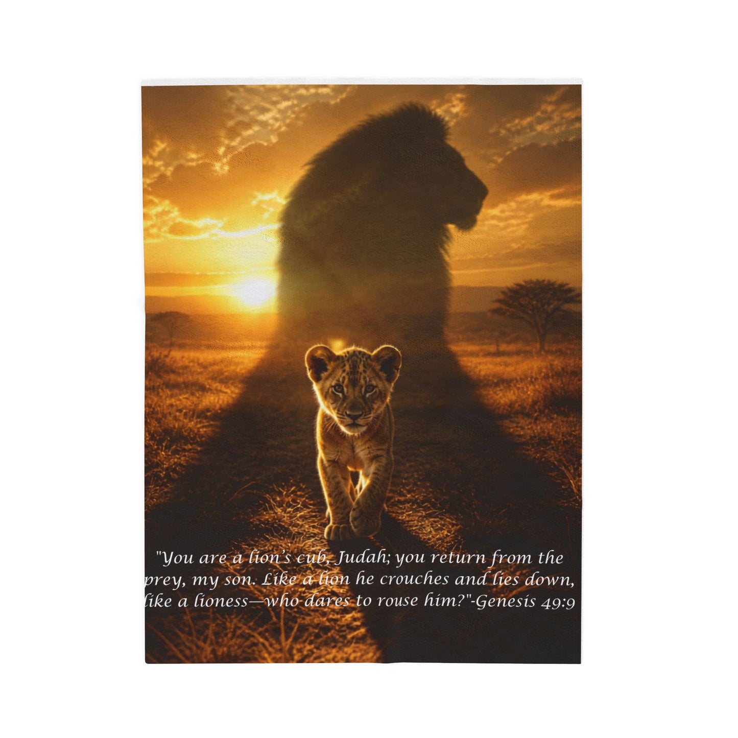 Lion Cub Scripture Blanket, Genesis 49:9 Bible Verse Throw, Christian Faith Gift, Judah Lion Sunset Velveteen Plush Blanket, Religious Decor
