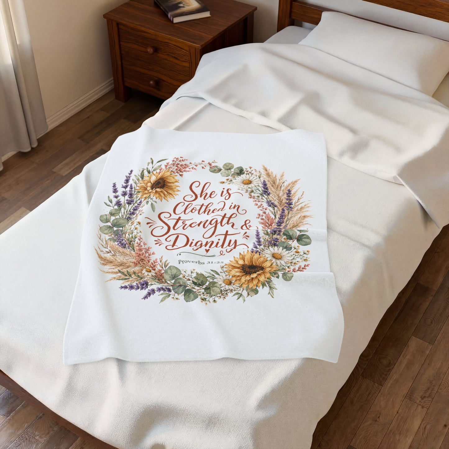 She is Clothed in Strength & Dignity Blanket, Proverbs 31:25 Gift, Christian Woman Plush Throw, Sunflower Floral Bible Verse Blanket