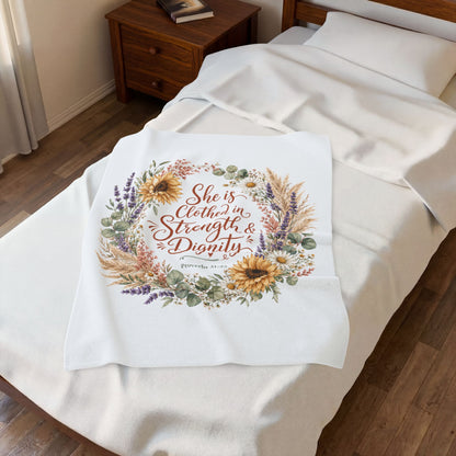 She is Clothed in Strength & Dignity Blanket, Proverbs 31:25 Gift, Christian Woman Plush Throw, Sunflower Floral Bible Verse Blanket
