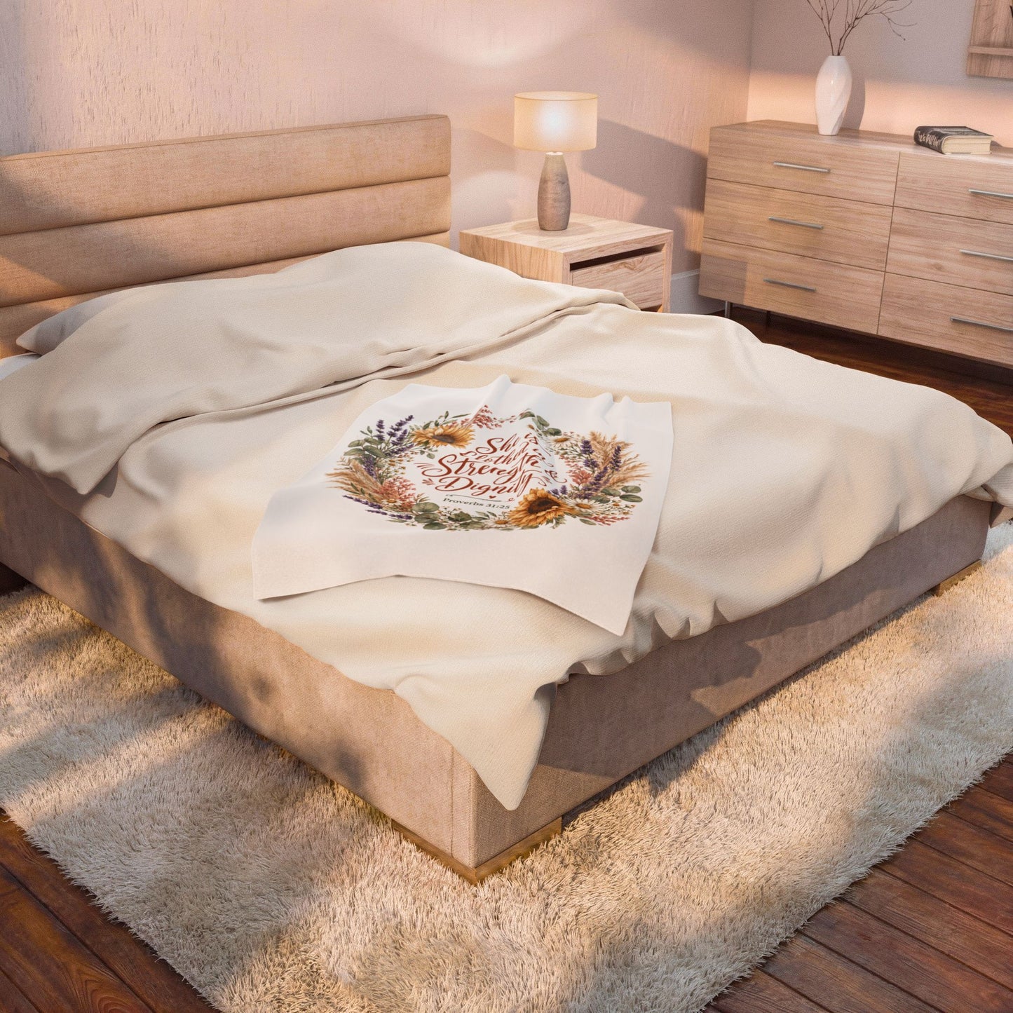 She is Clothed in Strength & Dignity Blanket, Proverbs 31:25 Gift, Christian Woman Plush Throw, Sunflower Floral Bible Verse Blanket