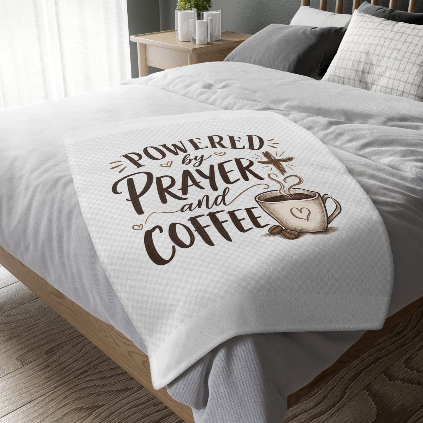 Prayer and Coffee Blanket – “Powered by Prayer and Coffee” Velveteen Throw