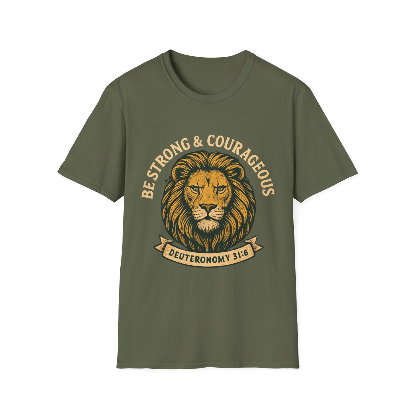 Be Strong & Courageous Lion Faith T-Shirt | Christian Scripture Tee | Deuteronomy 31:6 | Unisex Graphic Shirt