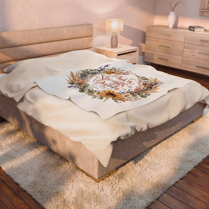 She is Clothed in Strength & Dignity Blanket, Proverbs 31:25 Gift, Christian Woman Plush Throw, Sunflower Floral Bible Verse Blanket