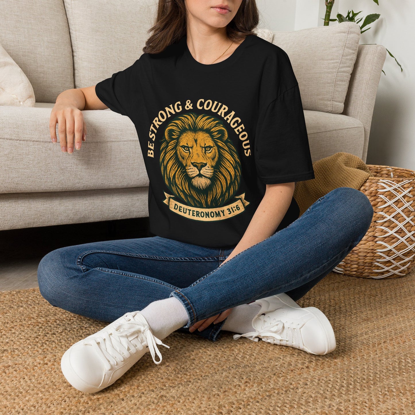 Be Strong & Courageous Lion Faith T-Shirt | Christian Scripture Tee | Deuteronomy 31:6 | Unisex Graphic Shirt