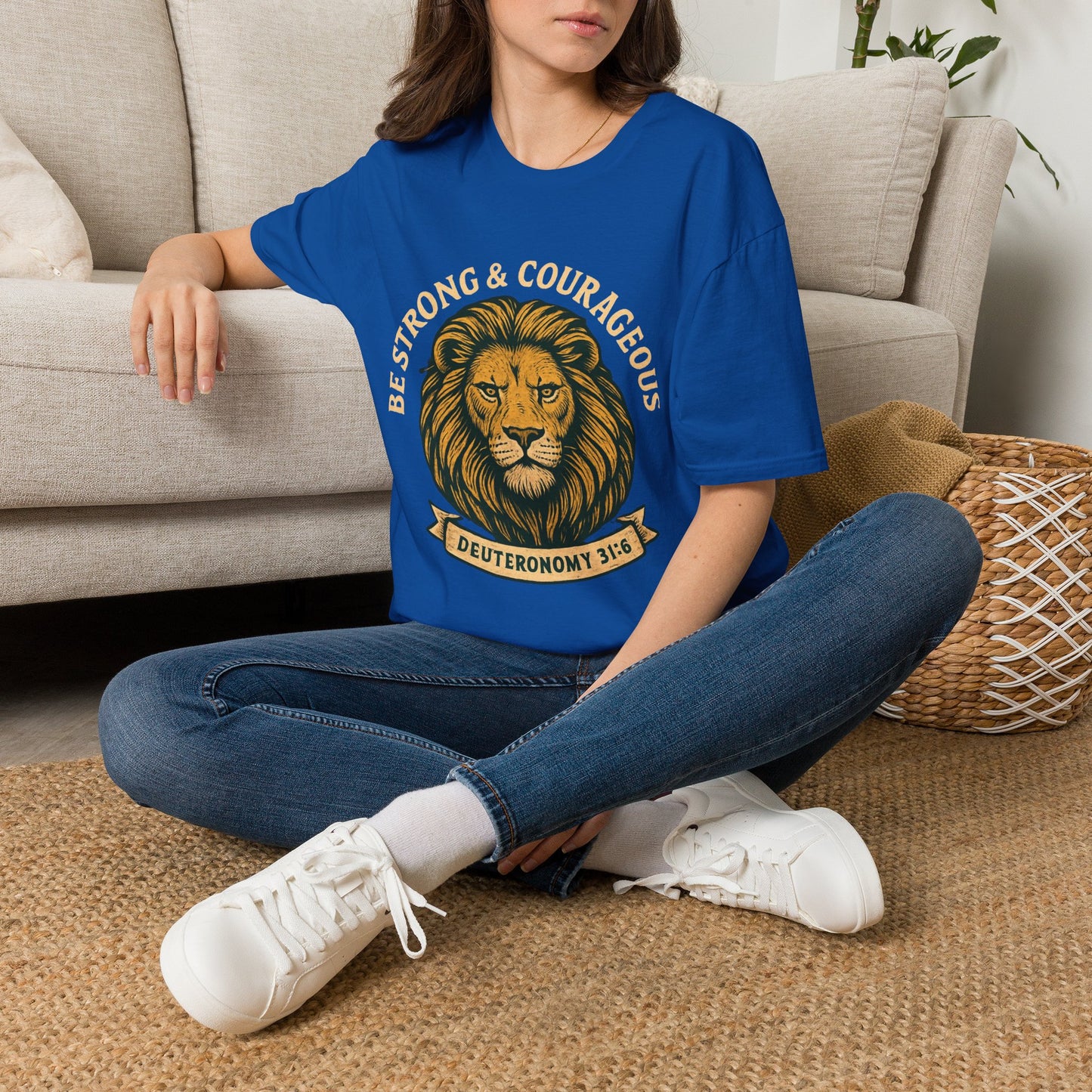 Be Strong & Courageous Lion Faith T-Shirt | Christian Scripture Tee | Deuteronomy 31:6 | Unisex Graphic Shirt