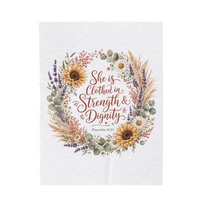 She is Clothed in Strength & Dignity Blanket, Proverbs 31:25 Gift, Christian Woman Plush Throw, Sunflower Floral Bible Verse Blanket