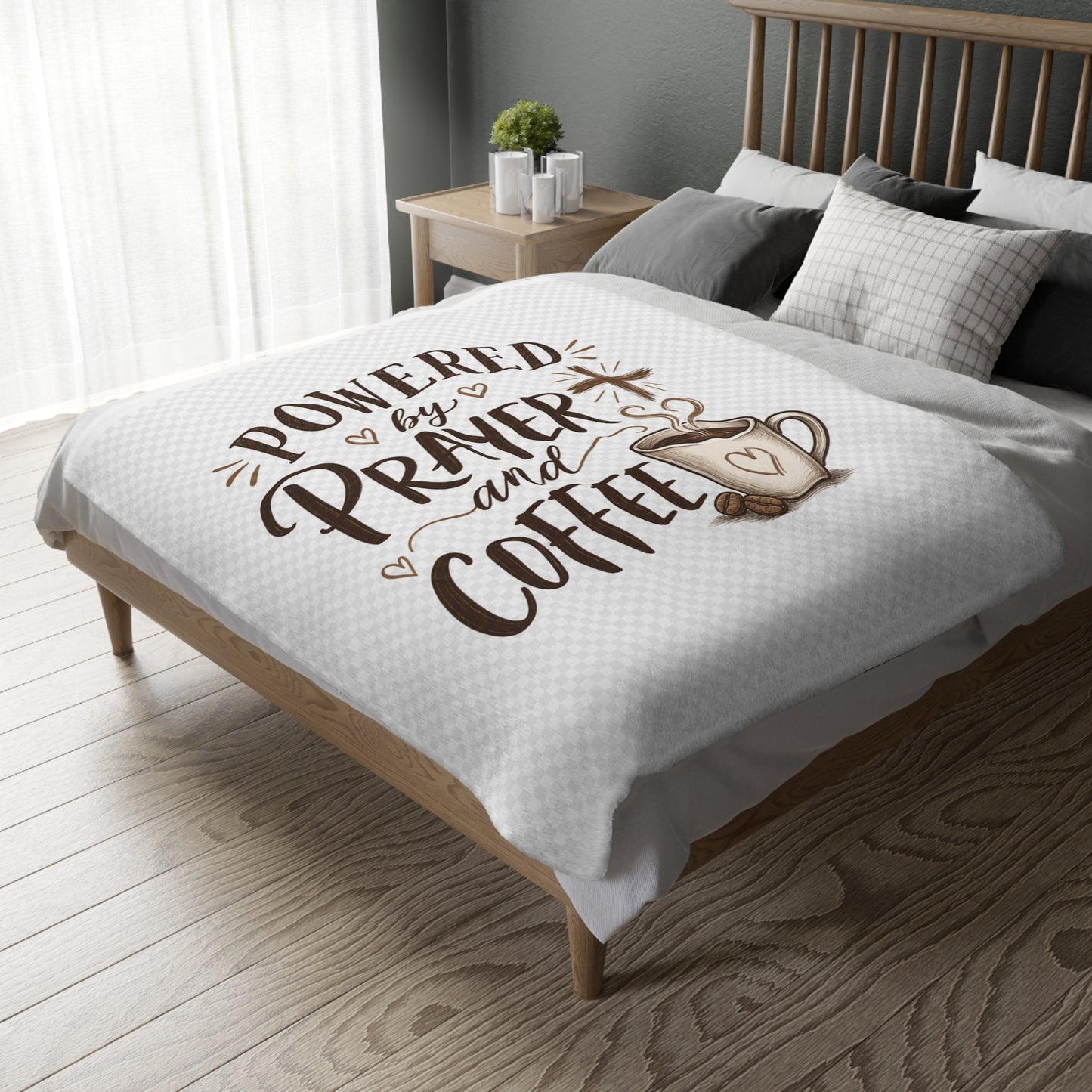Prayer and Coffee Blanket – “Powered by Prayer and Coffee” Velveteen Throw