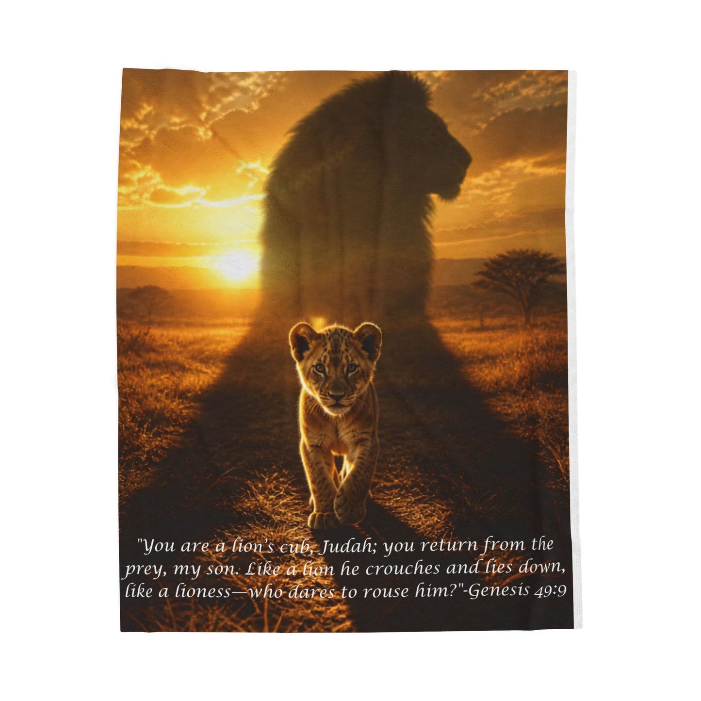Lion Cub Scripture Blanket, Genesis 49:9 Bible Verse Throw, Christian Faith Gift, Judah Lion Sunset Velveteen Plush Blanket, Religious Decor
