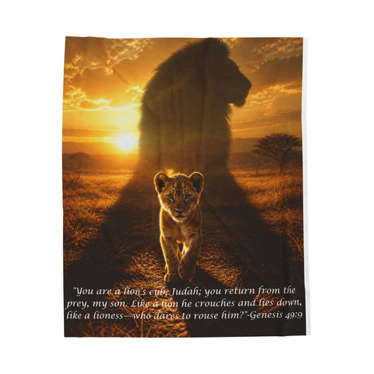 Lion Cub Scripture Blanket, Genesis 49:9 Bible Verse Throw, Christian Faith Gift, Judah Lion Sunset Velveteen Plush Blanket, Religious Decor